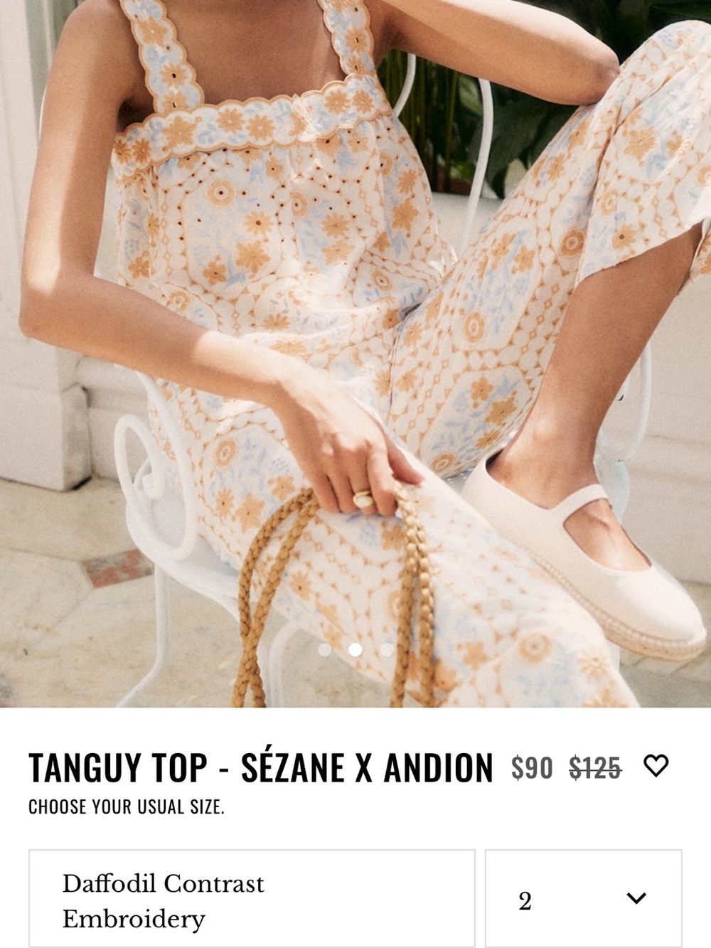Sezane Tanguy Top Daffodil Contrast Embroidered in Cream and Yellow Size 6